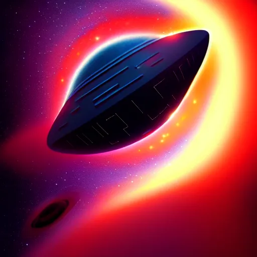 Prompt: space ship with a black hole in the background, stylized, 3 d, artstation, hd, cgsociety, cgi, digital, illustration, arts, realistic, dramatic, cinematic, artistic, famous, detailed