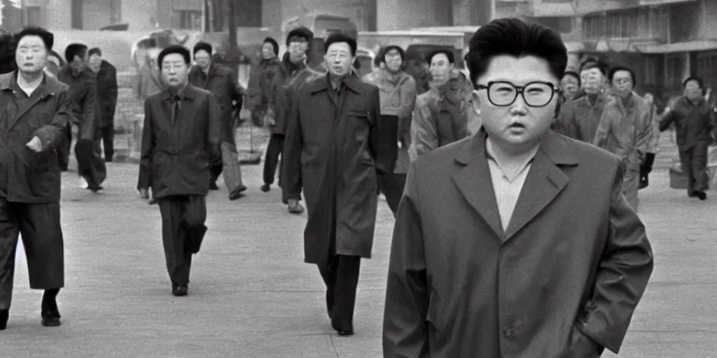 Prompt: kim jong - il walking in 1 9 6 0 s pyongyang, film noir in the style of ghost in the shell by mamoru oshii