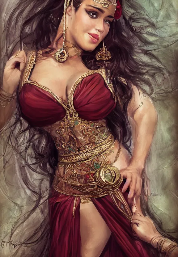 Prompt: close up of a beautiful voluptuous arabian maid servant with long hair and insanely curvy hourglass figure, wearing medieval dress and jewelry, sultan palace, beautiful painting by artgerm and deviantart, hyper realistic