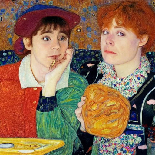 Prompt: a painting of two people eating breakfast, one is female asa Butterfield mixed with pam beesly, the other is a man wearing a baseball cap, by gustav klimt