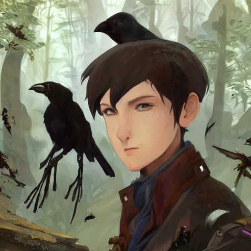 Image similar to concept art painting of a person with a head of a crow, with steampunk clothes, in the deep forest, realistic, detailed, cel shaded, in the style of makoto shinkai and greg rutkowski and james gurney