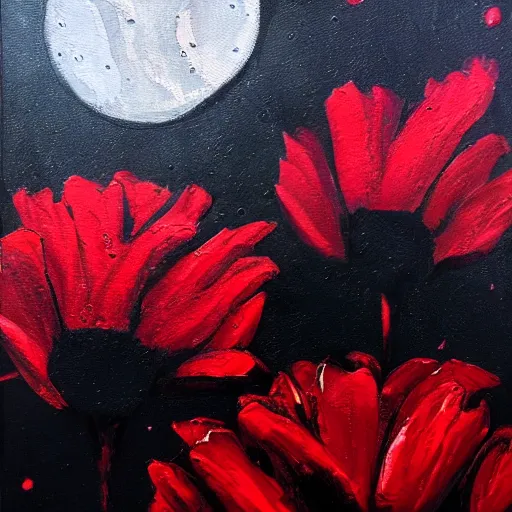 Image similar to rain, moon, knight and princess, oil painting, red and black, bloom, detailed, coherent like dalle 2