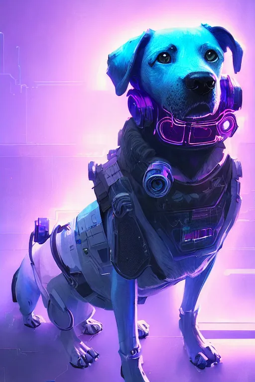 Image similar to a beautiful portrait of a cute cyberpunk dog by greg rutkowski and wlop, purple blue color scheme, high key lighting, volumetric light, digital art, highly detailed, fine detail, intricate, ornate, complex, octane render, unreal engine, photorealistic