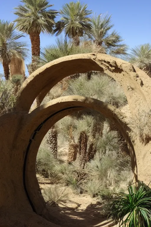 Image similar to a stargate in the desert through which a jungle is visible