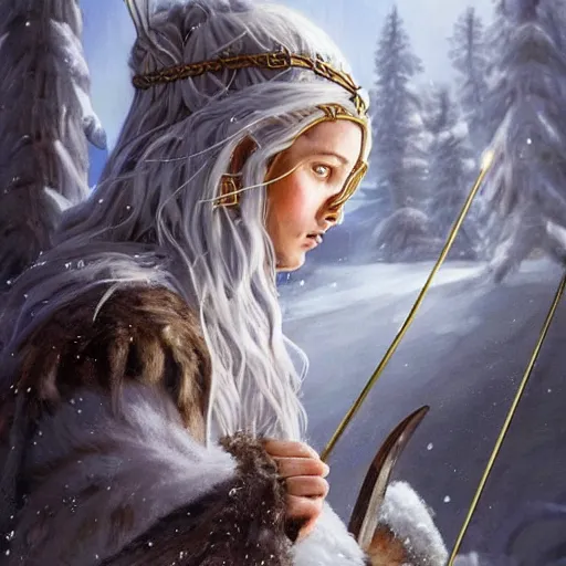 Image similar to there once was a norse goddess named skadi a winter ruler in huntress'body an expert at skiing her enemies fleeing ester ledecka she did embody..., digital art, irina french, heraldo ortega, mandy jurgens, golden ratio, art canvas, award winning, masterpiece trending on artstation 8 k 1 5 0 mpx