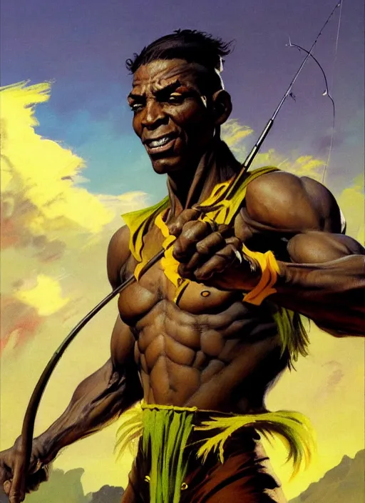 Image similar to magic : the gathering fantasy character concept art by frank frazetta and marco bucci, high resolution. a clear portrait of an athletic male jamaican, wearing yellow green calico clothing, holding a fishing rod, shores of jamaica in the background, symmetry, fantasy coloring, intricate, 8 k, digital painting, artstation, smooth, sharp focus