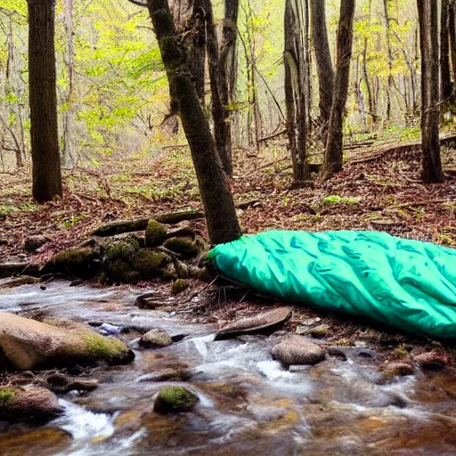 Image similar to a sleeping bag by a small creek in a forest