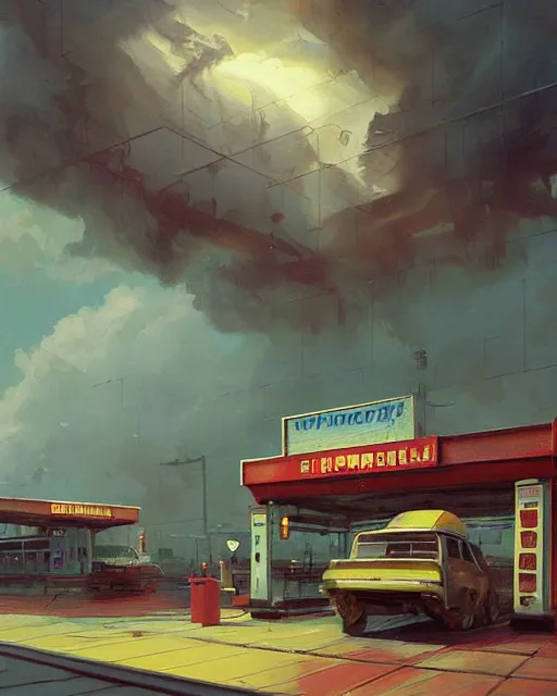 Prompt: a highly detailed epic cinematic concept art CG render digital painting artwork: Soviet gas station, lightning storm. By Greg Rutkowski, in the style of Francis Bacon and Syd Mead and Norman Rockwell and Beksinski, open ceiling, highly detailed, painted by Francis Bacon and Edward Hopper, painted by James Gilleard, surrealism, airbrush, Ilya Kuvshinov, WLOP, Stanley Artgerm, very coherent, triadic color scheme, art by Takato Yamamoto and James Jean