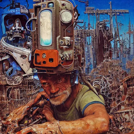 Prompt: junky men with competer, cybertronic gadgets and vr helmet, durty colours, rotten textures, rusty shapes, flesh + technology, biotechnology, norman rockwell, tim hildebrandt, dariusz zawadzki, bruce pennington, larry elmore, intricate complicity, hyperrealistic oil painting on canvas, deep depth field, cinematic composition, hyper - detailed