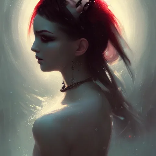 Image similar to a beautiful portrait of kerli koiv with bubble goth makeup, a detailed painting by greg rutkowski and raymond swanland, featured on cgsociety, fantasy art, detailed painting, artstation hd, photorealistic