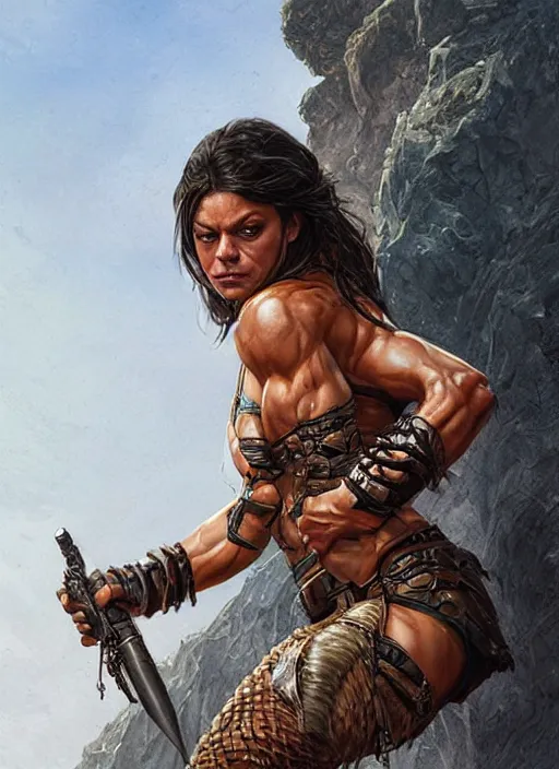 Image similar to exhausted Mila Kunis as a very muscled rugged looking Amazon, dirty, sweating, intricate, elegant, highly detailed, artstation, concept art, sharp focus, art by artgerm and donato giancola and Joseph Christian Leyendecker, WLOP