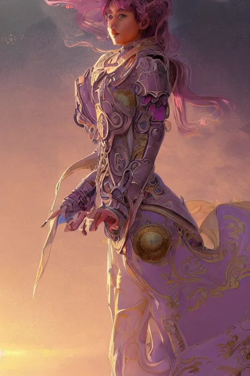 Image similar to portrait knights of Zodiac girl, metalic pink and pastel purple reflected armor, in ruined Agora of Athens sunrise, ssci-fi, fantasy, intricate, very very beautiful, elegant, golden light, highly detailed, digital painting, artstation, concept art, smooth, sharp focus, illustration, art by tian zi and WLOP and alphonse mucha