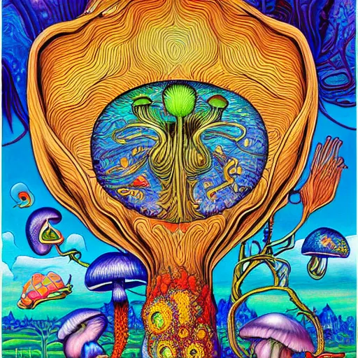 Prompt: mushroom of life painting by aaron brooks, chris dyer, android jones, and alex grey, highly detailed, high quality, high definition, 8k photo