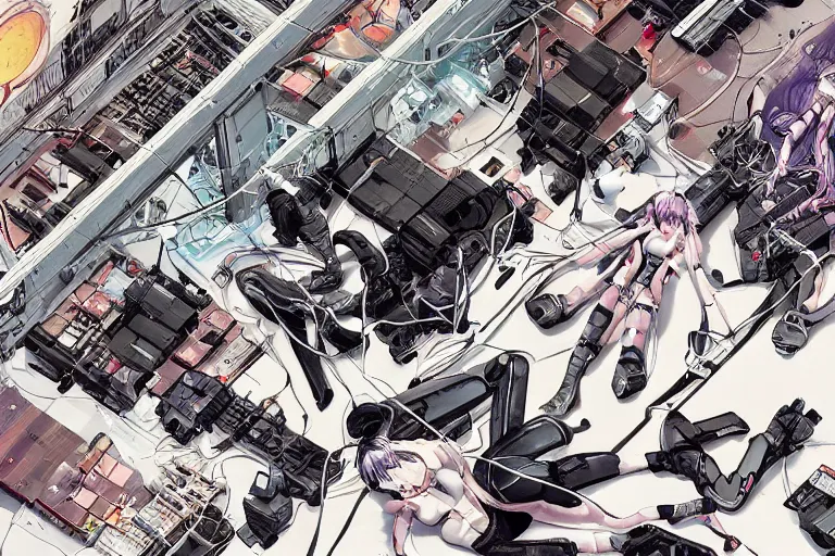 Image similar to a cyberpunk illustration of a group of female androids in style of masamune shirow, lying on an empty, white floor with their bodies scattered around in different poses and cables and wires coming out, by yukito kishiro and katsuhiro otomo, hyper-detailed, intricate, view from above