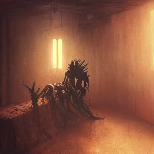 Image similar to xenomorph, dramatic lighting, interior background, artstation, by greg rutkowski, by beksinski, a realism masterpiece