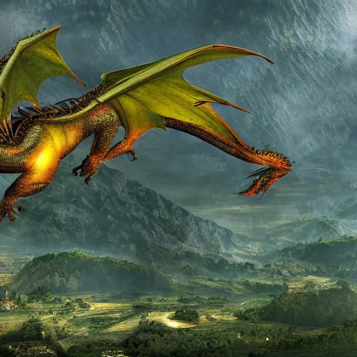 Image similar to dragon flying over village 4 k realistic