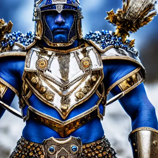 Image similar to full body photo of a beautiful cute strong warrior king wearing sapphire encrusted armour, highly detailed, 8 k, hdr, smooth, sharp focus, high resolution, award - winning photo