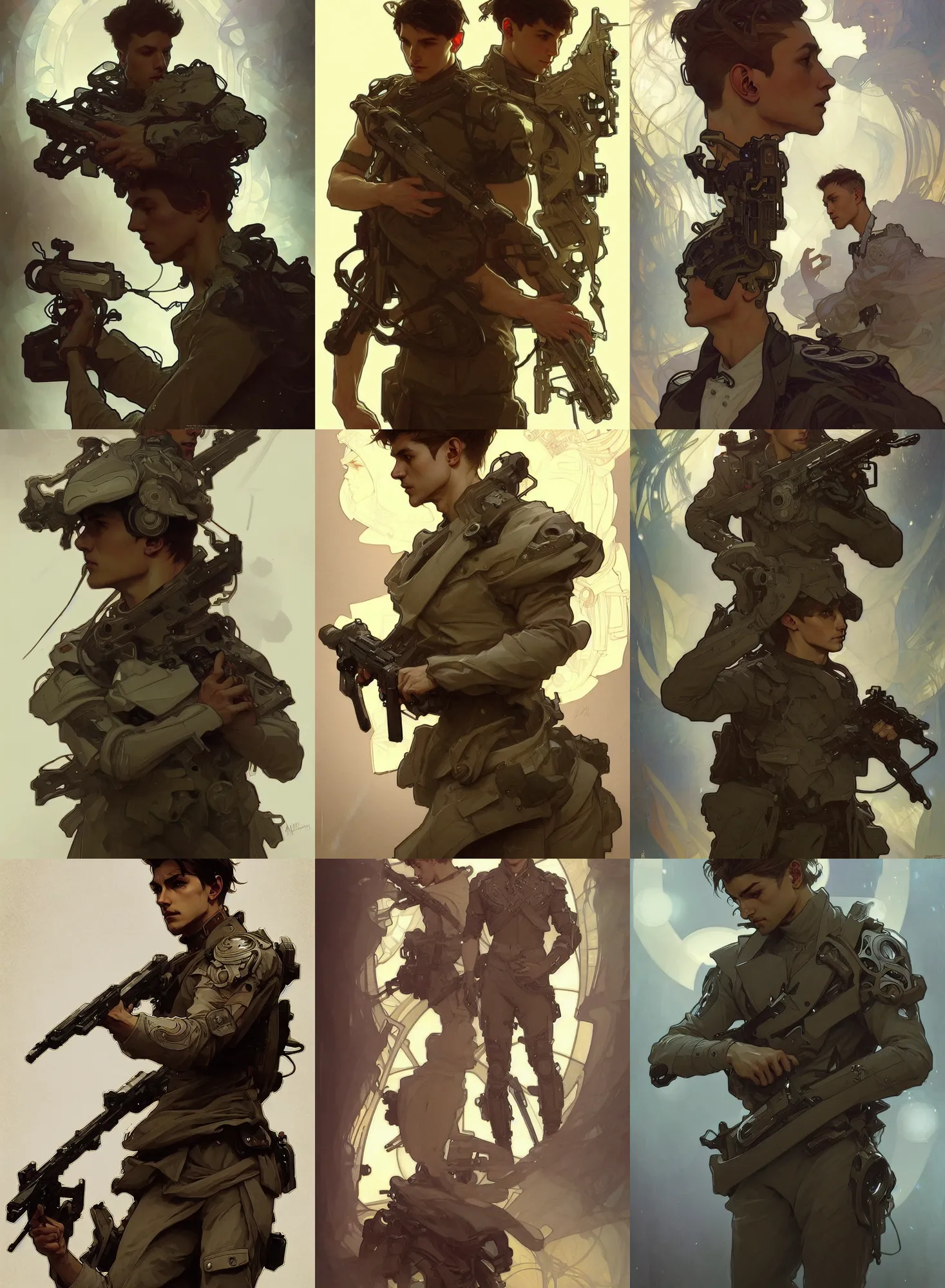 Prompt: a digital concept ar by artgerm and greg rutkowski and alphonse mucha. clear portrait of a lonely attractive men in uniform!! future military, hyper detailed, character concept, full body!! dynamic pose, glowing lights!! intricate, elegant, highly detailed, digital painting, artstation, concept art, smooth, sharp focus, illustration