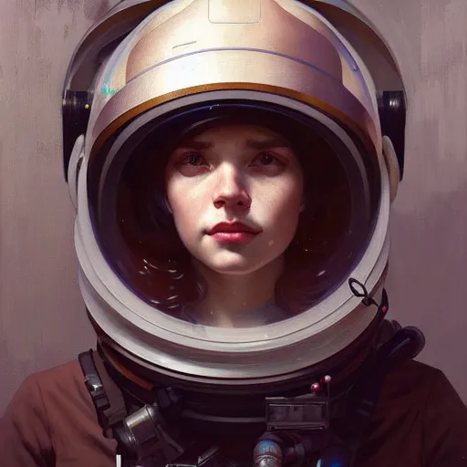 Image similar to A portrait of a girl wearing a vintage sci-fi astronaut helmet and holding a blaster, face, intricate, elegant, highly detailed, digital painting, artstation, concept art, smooth, sharp focus, illustration, art by Krenz Cushart and Artem Demura and alphonse mucha