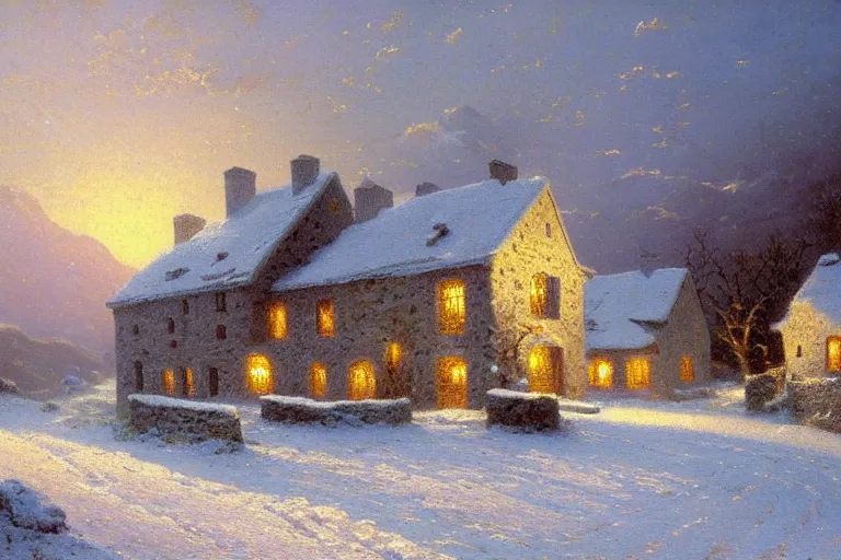 Prompt: a lone french stone house in winter snow, farmland, hills, 1 8 5 9, soft lighting from windows, by thomas kinkade