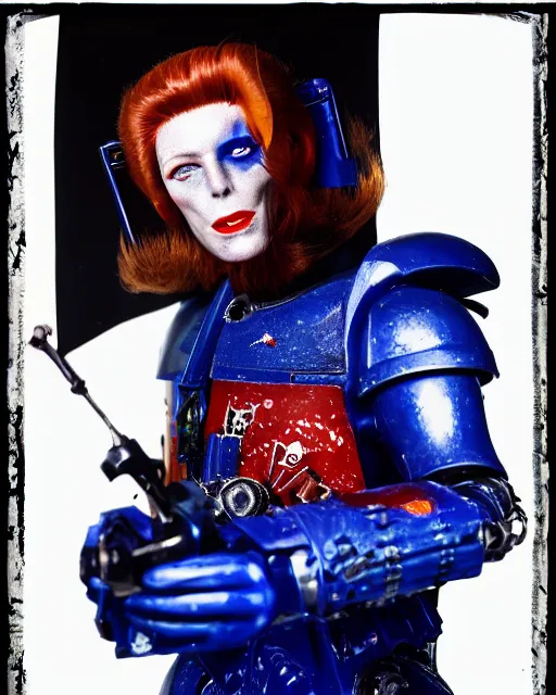 Prompt: 35mm macro photograph warhammer 40k ultramarine and David Bowie, vibrant high contrast, octane, arney freytag, Fashion photo shoot,, glamorous, tattoos,shot in the photo studio, backlit, rim lighting, 8k