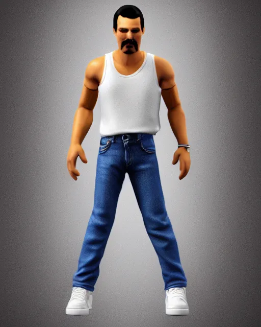 Image similar to full body 3 d render of freddie mercury, white sleeveless tank top blue jeans as a funko pop!, four, studio lighting, white background, single body, no shadow, blender, trending on artstation, 8 k, highly detailed