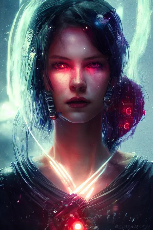 Image similar to A cyberpunk female heroine character portrait with a mild facial rash, prosthetic arm, and flowing ribbons of light pouring into her, cinematic lighting, hyper-detailed, cgsociety, 8k, high resolution, in the style of Charlie Bowater, Tom Bagshaw, Alexis Franklin, Elena Masci, Pawel Rebisz