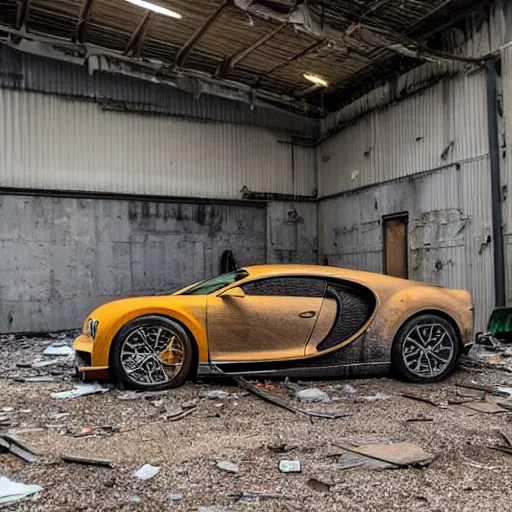 Prompt: an abandoned, derelict, ( really rusty ) bugatti chiron in a dirty warehouse