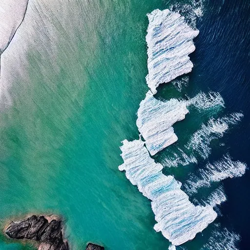 Prompt: magical realist drone photography this is a land on an unforgiving world of churning oceans and jagged coastlines. every habitable island is situated somewhere along the planet's equator where the weather is still volatile but more hospitable than any points to the north or south