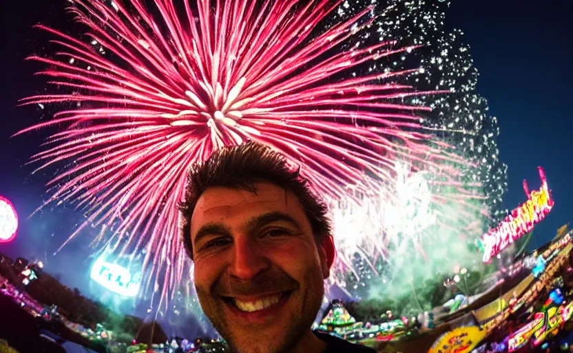 Prompt: extreme close up with a fish eye lens at the glabella of a very happy man with fireworks and a carnival in the background