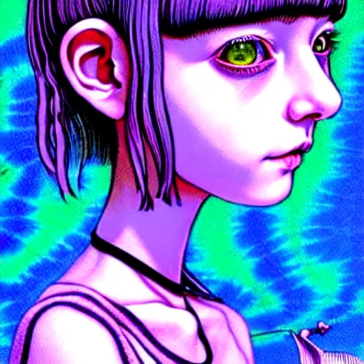 Image similar to amazingly detailed art illustration of a beautiful young morbid woman, wearing a tie-dye shirt, short shorts, with short hair with bangs, she is hallucinating seeing violet frogs, by Range Murata, Katsuhiro Otomo, Yoshitaka Amano, and Artgerm. 3D shadowing effect, 8K resolution.