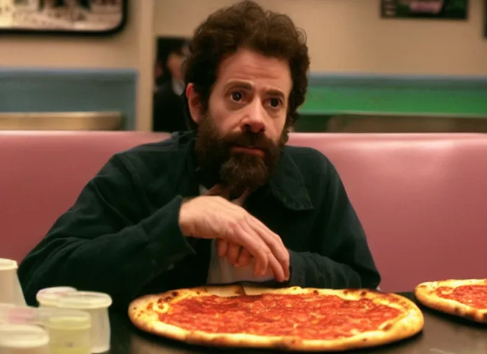 Prompt: charlie kaufman eating pizza at chuck - e - cheese, dramatic lighting, film still from breaking bad ( 2 0 1 0 ), 3 5 mm kodak, 2 4 mm lens, directed by rian johnson