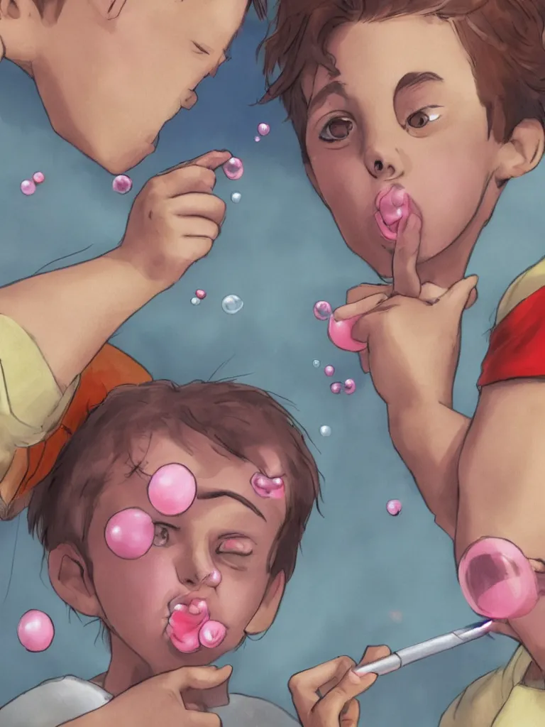 Image similar to close up! kid blowing bubble gum, disney concept artists, blunt borders, rule of thirds