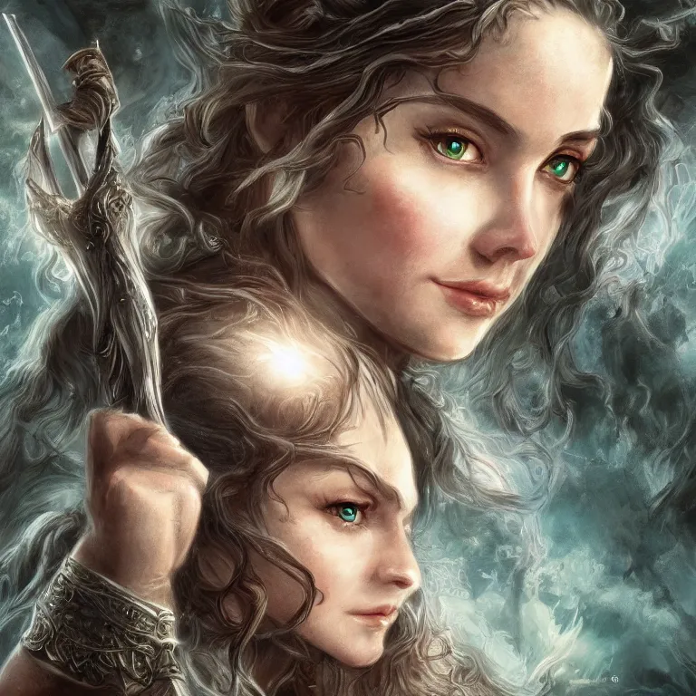 Prompt: extremely detailed fantasy art of a cute female, lord of the rings, poster, full body, 4 k