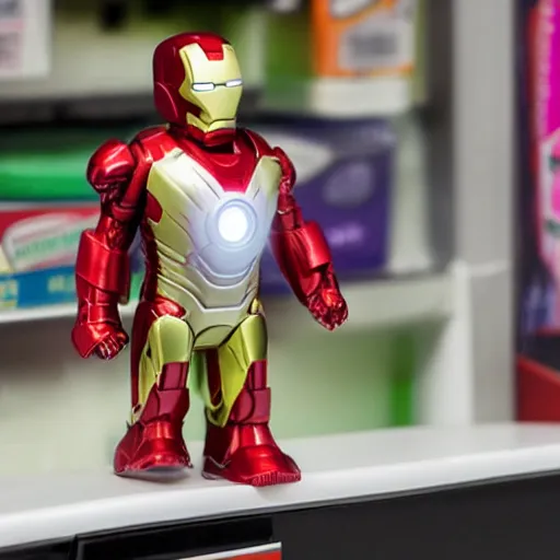 Prompt: Iron Man working as a 7/11 cashier, macro, wide shot, very detailed