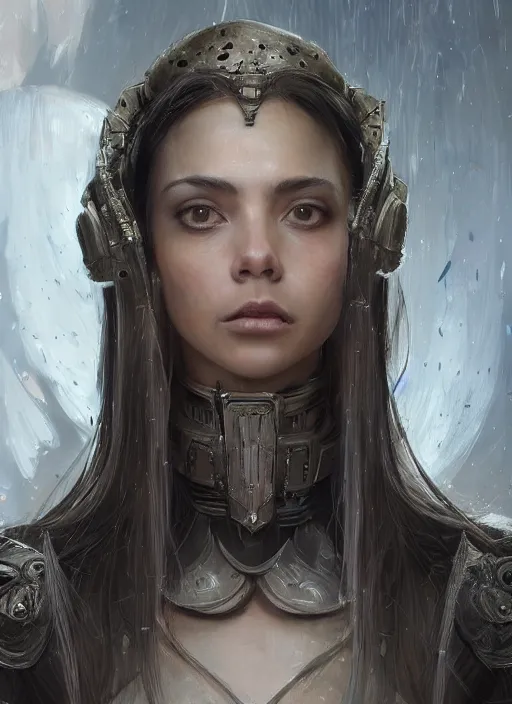 Image similar to a professional portrait of a beautiful young female, clothed in ethereal battle armor, olive skin, long dark hair, beautiful bone structure, symmetrical facial features, intricate, elegant, digital painting, concept art, smooth, sharp focus, finely detailed, illustration, from Valerian and the City of a Thousand Planets, in the style of Ruan Jia and Mandy Jurgens and Artgerm and Greg Rutkowski and William-Adolphe Bouguerea