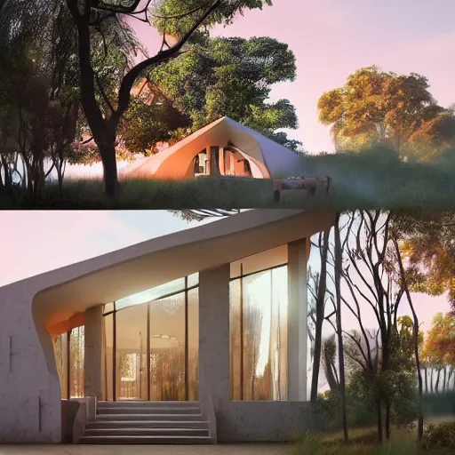 Image similar to modernist house inspired by a taco bell between big trees, light pink clouds, dramatic lighting, artstation, matte painting, raphael lacoste, simon stalenhag, frank lloyd wright, zaha hadid