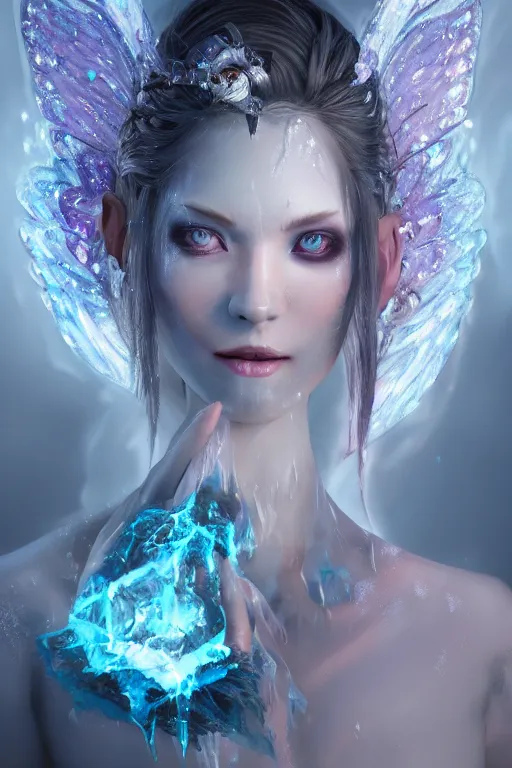 Image similar to face closeup covered with ice of extremely beautiful girl necromancer, magical fairy ice and ice velvet, diamonds, jewels, angels, 3 d render, hyper - realistic detailed portrait, holding fire and electricity rainbow, ruan jia, wlop. scifi, fantasy, magic the gathering, hyper detailed, octane render, concept art, peter mohrbacher