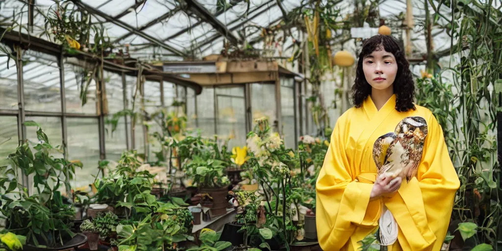 Prompt: A medium format head and shoulders portrait of a young woman wearing a yellow kimono in a greenhouse, she has a very detailed barn owl on her shoulder, graflex, bokeh