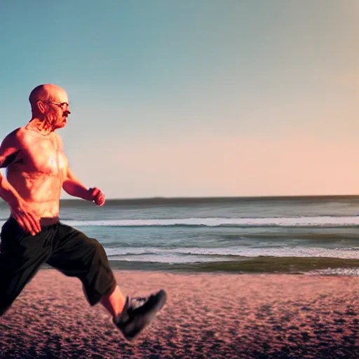 Image similar to Walter White running on the beach, artistic, 8k, cinematic, accurate, symetric, face, dramatic lighting, pastel colours, hdr