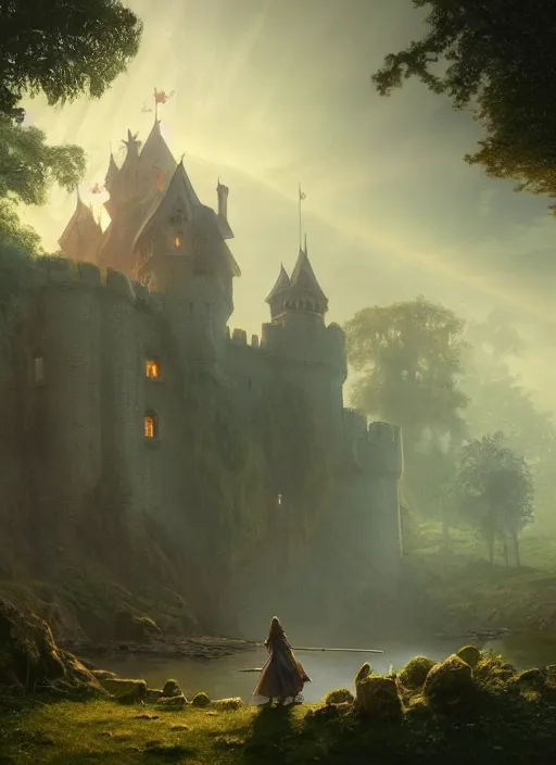 Prompt: small poor medieval castle, mist, sunrays, dust in the air, dnd character, unreal engine, octane render, dramatic lighting, pond, digital art, by stanley artgerm lau, greg rutkowski, thomas kindkade, alphonse mucha, loish, norman rockwell,