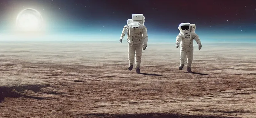 Image similar to matte painting of an astronaut walking in a marcian landscape, at the background is the earth