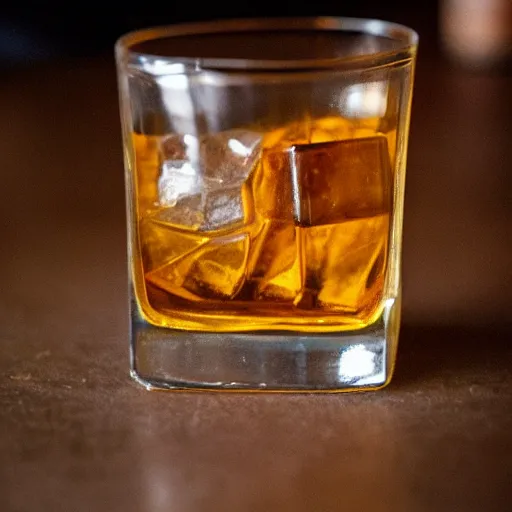 Prompt: a glass of whiskey, whiskey glass with ice cubes, sweating. surreal. style of katherine linn sage