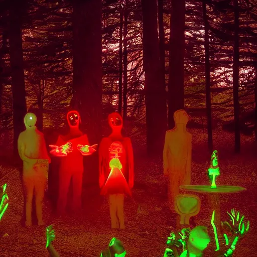 Image similar to a cult of aliens with glowing red eyes performing a séance in a haunted forest