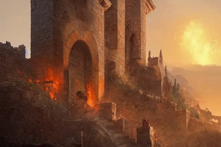 Prompt: monteriggioni highly detailed digital painting art artgerm greg rutkowski burning fires castle!!!!!!!!! cliff neoclassical atmospheric hazy rays sunrise golden hour trending artstation