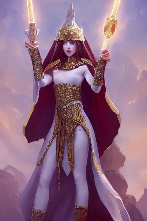 Prompt: Full-body picture of Gorgeous young priestess, White and gold robes, red waist-long hair, mace and shield, visible beautiful face, dungeon and dragons, high fantasy, holy vibes, ornamental, symmetry, artstationHD, artstationHQ, trending in artstation, safebooru, ultra HD