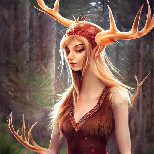 Prompt: beautiful female elf with antlers in the forest, symmetrical portrait, WLOP, trending on ArtStation