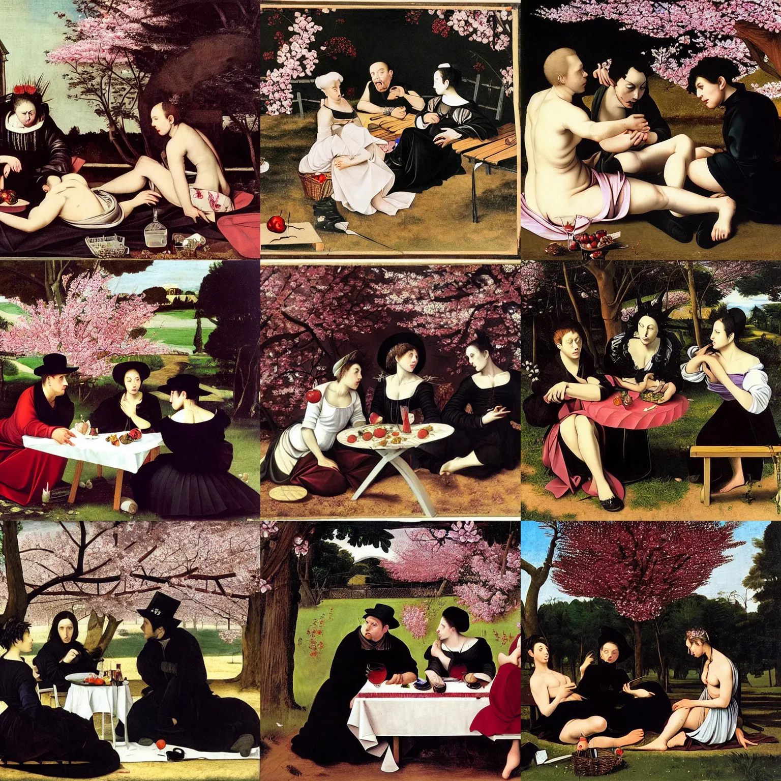 Prompt: art by caravaggio depicting three goths sitting at a picnic table in the shade, talking beneath a cherry blossom outside a blockbuster video store.