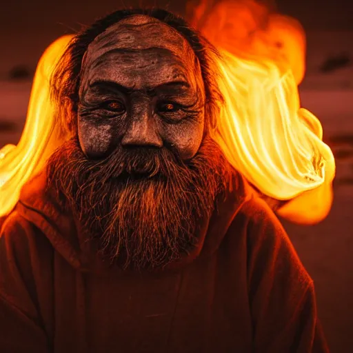 Image similar to full body shot of old asian man with long beard, his head covered in roots, full face occult silver mask, glowing eyes, holding a large carved wooden fractal stick, thick smoke around him, in the burning soil desert, cinematic shot, wide angle, desert background, volumetric lighting by Denis Villeneuve, Lubezki, Gaspar Noe, Christopher Doyle and Alejandro Jodorowsky, anamorphic lens, anamorphic lens flares, kodakchrome, cinematic composition, practical effects, award winning photo, 8k