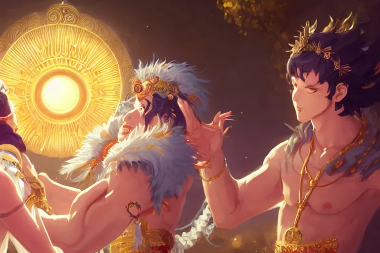 Image similar to close up moment of a divine a sun god and a moon goddess lovers magician at a wedding banquet, highly detailed, d & d, fantasy, 4 k realistic, digital painting, trending on artstation, concept art, sharp focus, illustration, art by makoto shinkai and akihiko yoshida and daniel gerhartz